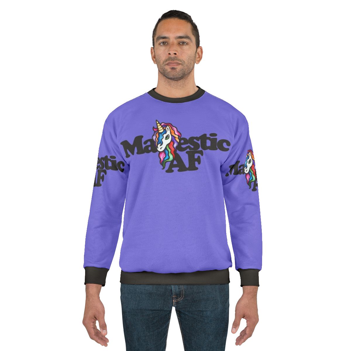 Majestic AF Sweatshirt featuring a unicorn and rainbow design