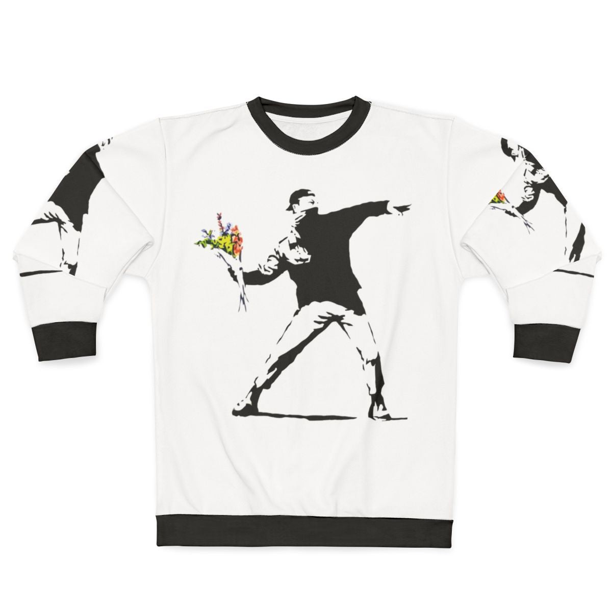 Man holding flowers graphic on floral sweatshirt