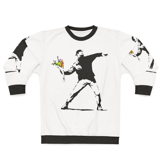 Man holding flowers graphic on floral sweatshirt