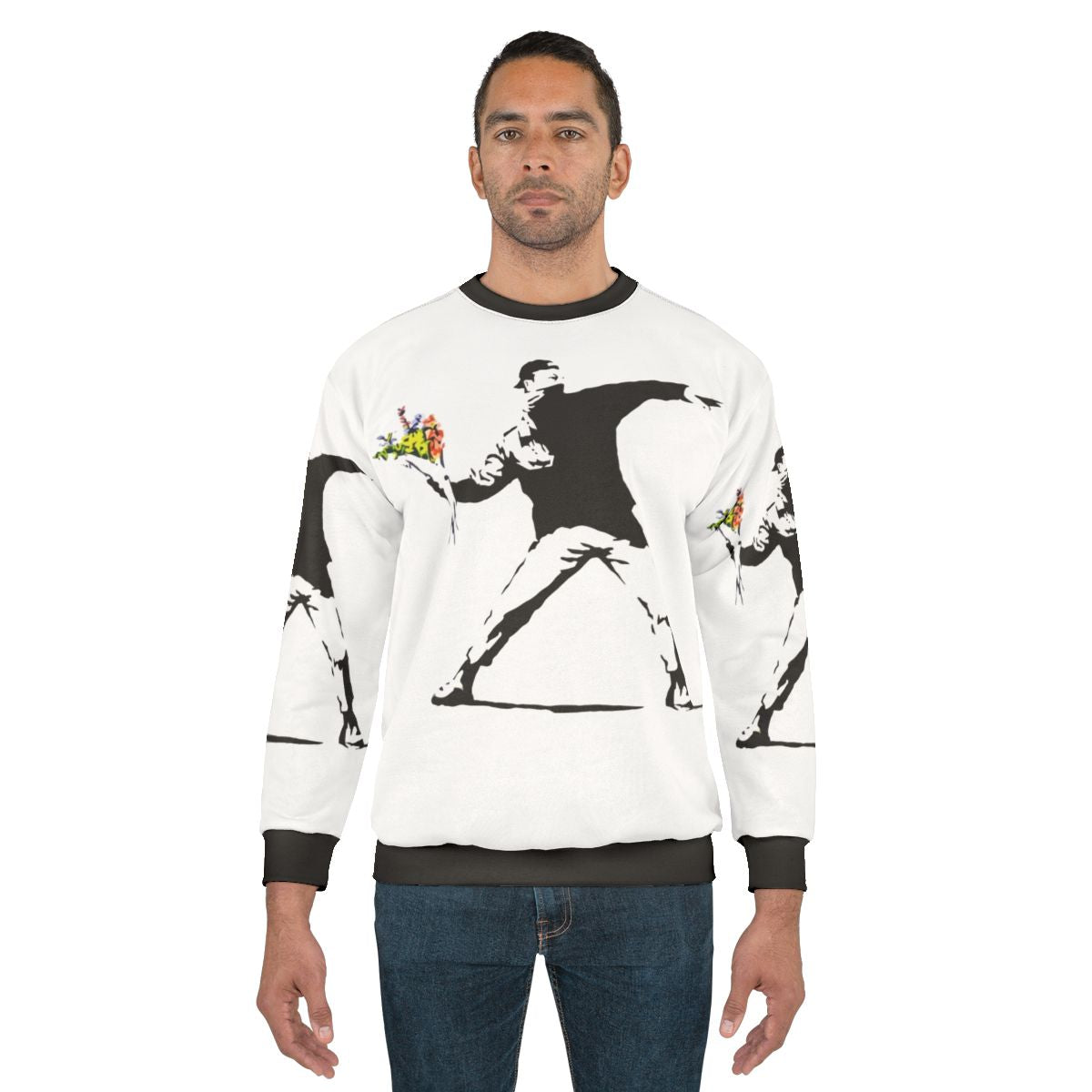 Man holding flowers graphic on floral sweatshirt