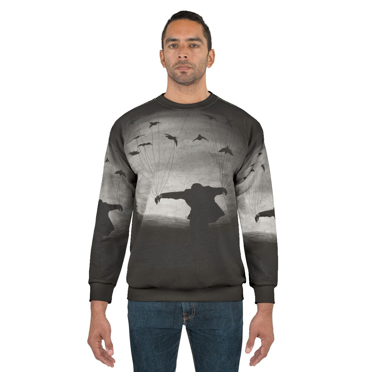 Hand-painted sweatshirt with mysterious raven design