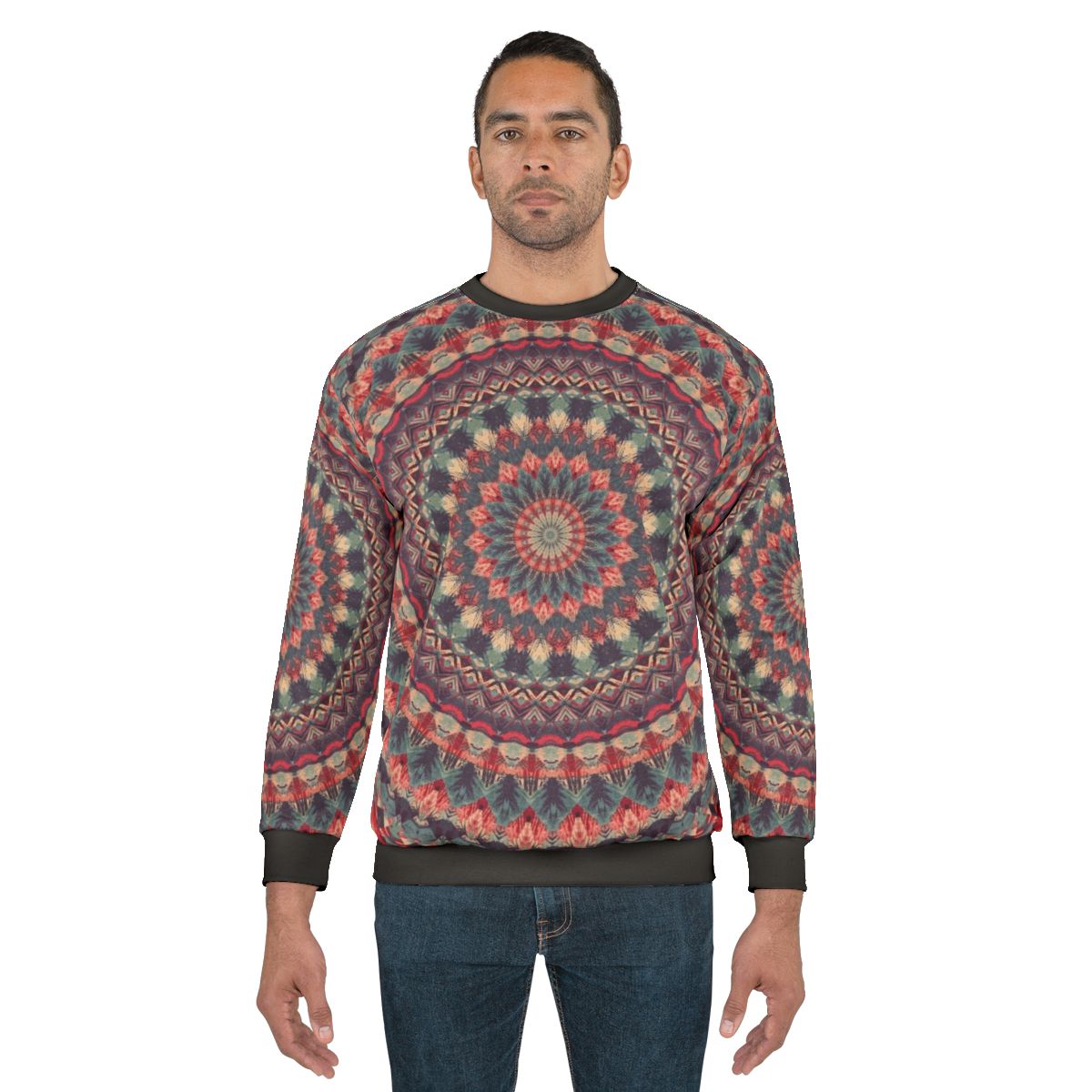 Colorful mandala sweatshirt with sacred geometry designs