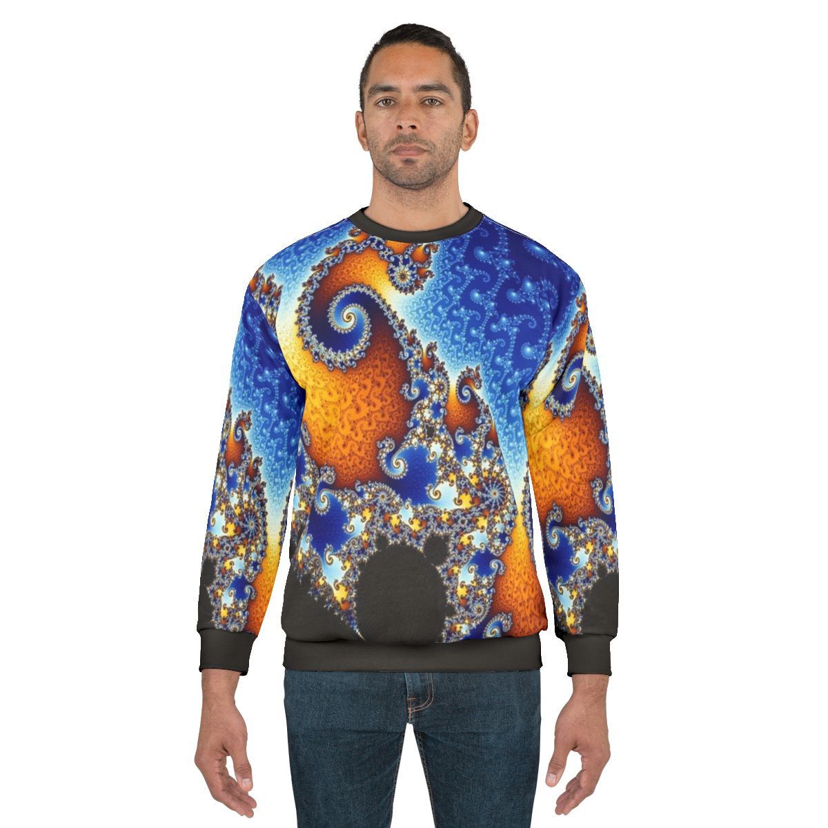 Mandelbrot blue fractal sweatshirt with geometric spiral patterns