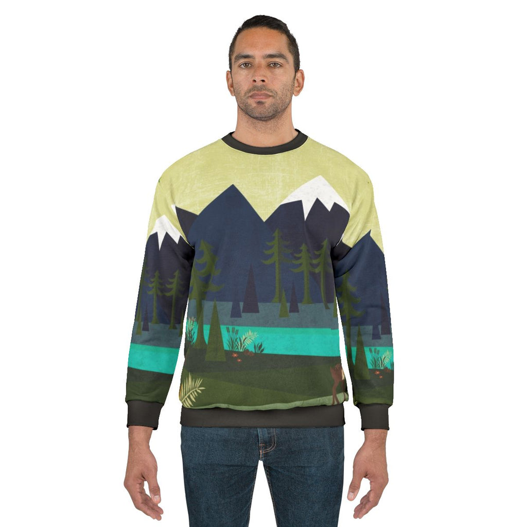 Outdoor Adventure Landscape Sweatshirt with Deer Design