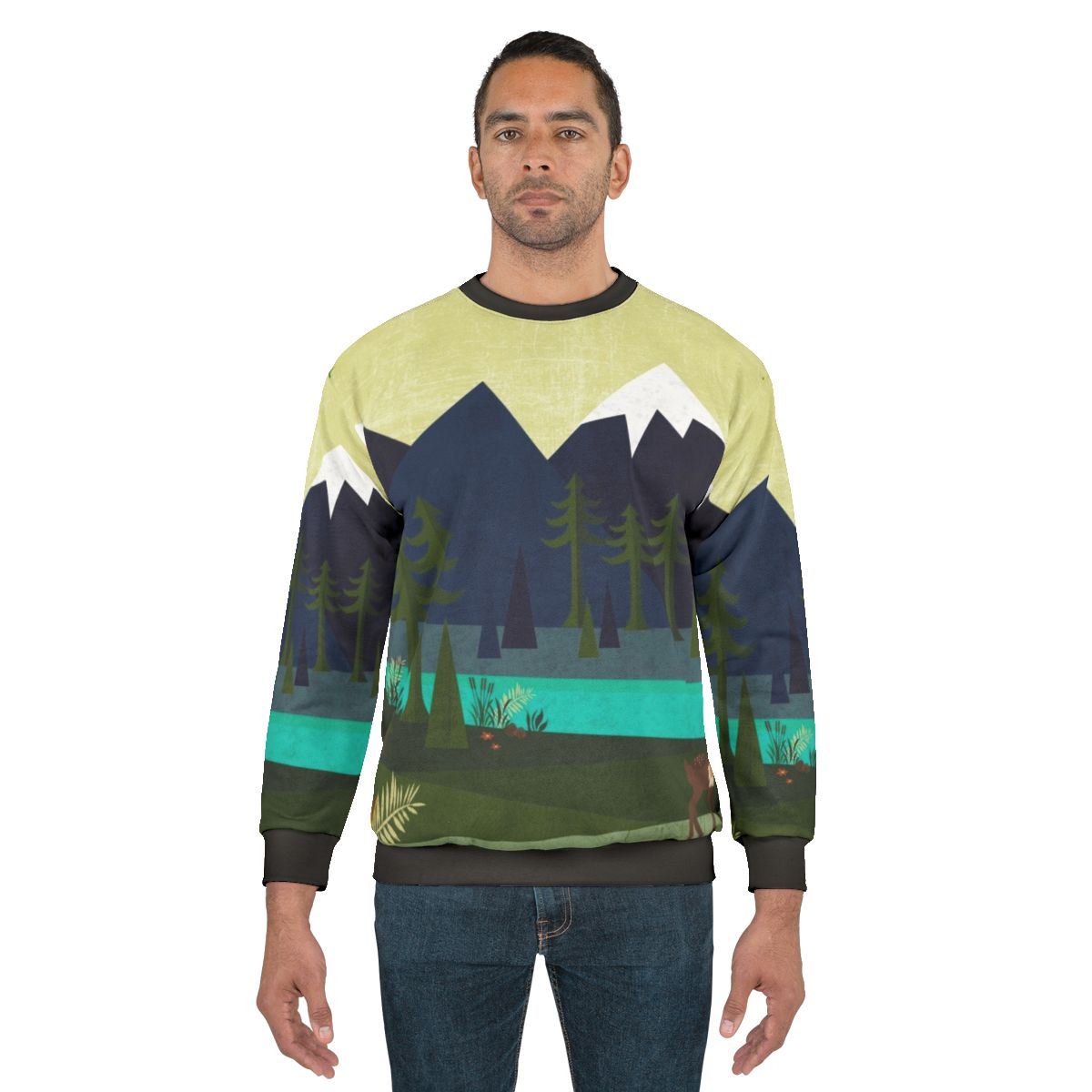 Outdoor Adventure Landscape Sweatshirt with Deer Design