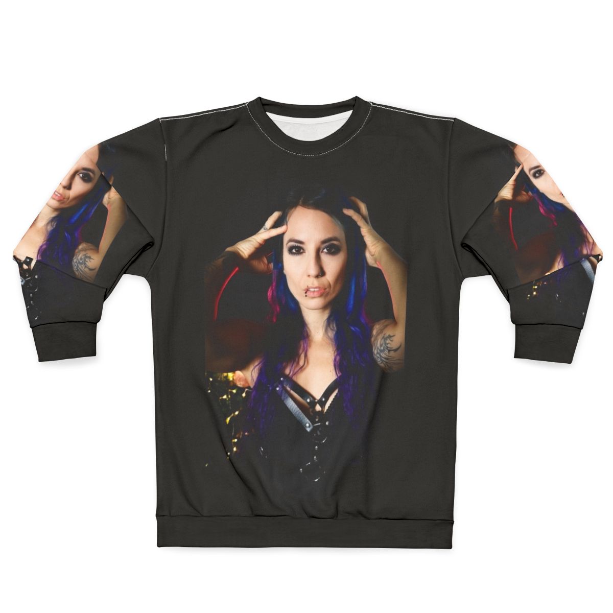 Blue haired metal girl singer of Infinitas wearing sweatshirt