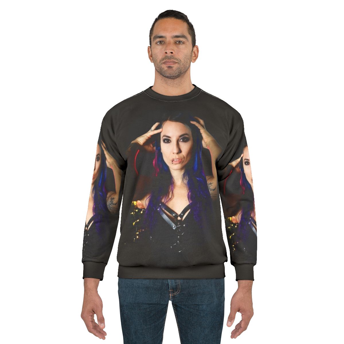 Blue haired metal girl singer of Infinitas wearing sweatshirt