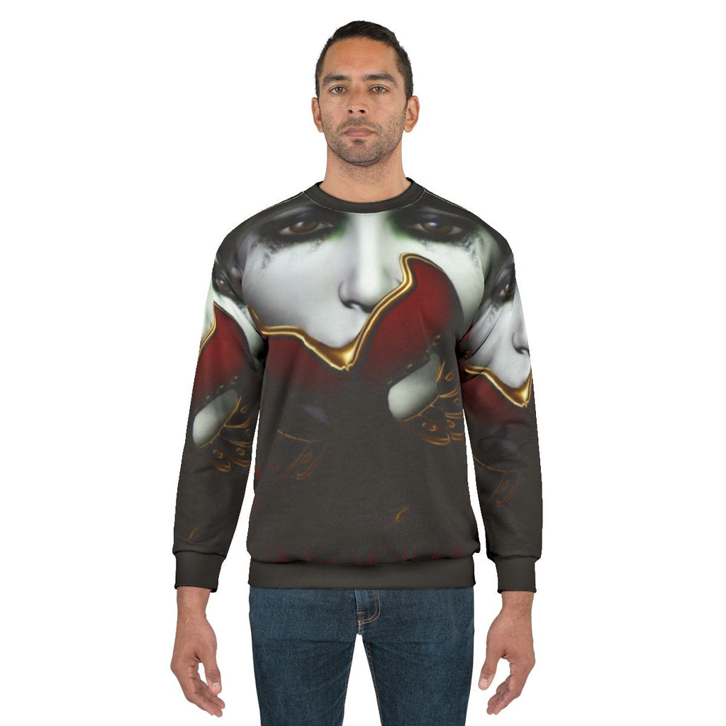 Masquerade sweatshirt with a gothic fashion woman portrait in contemporary art style
