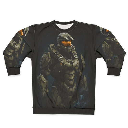Master Chief Halo inspired sweatshirt with abstract gaming art design