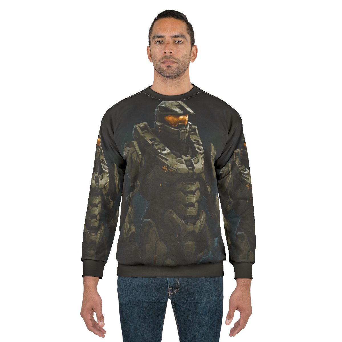 Master Chief Halo inspired sweatshirt with abstract gaming art design