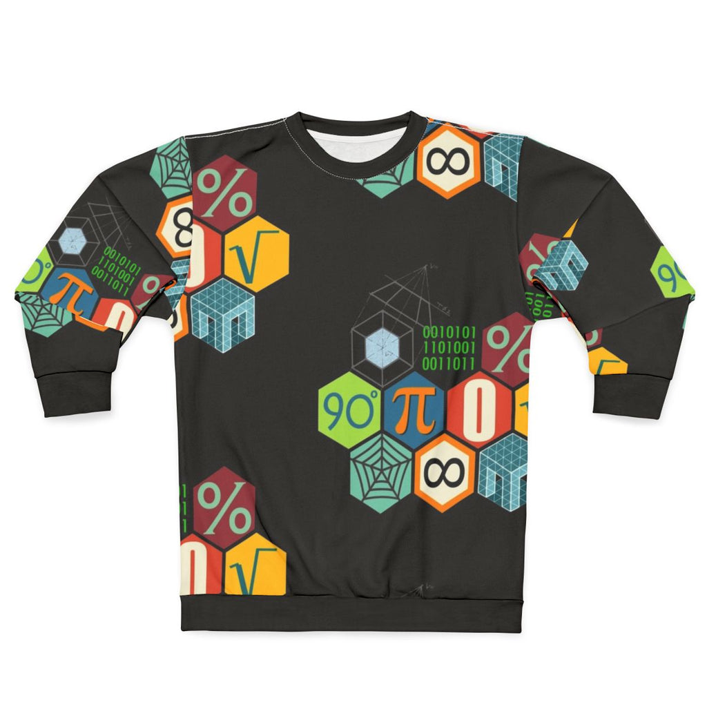 Stylish math sweatshirt with geometric designs and mathematical symbols
