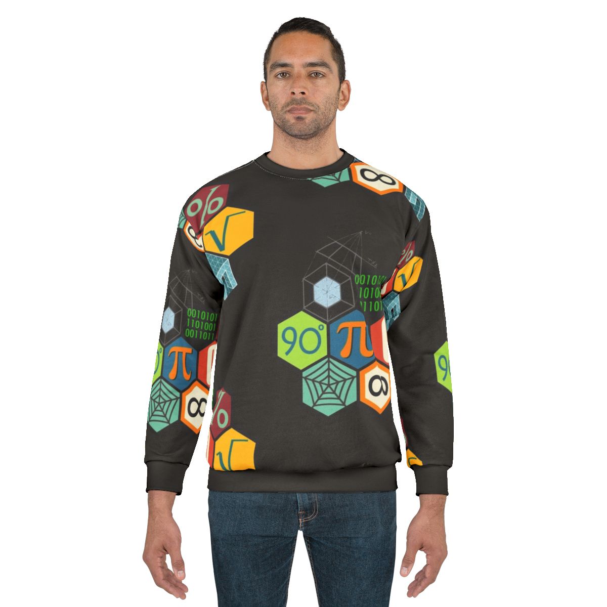 Stylish math sweatshirt with geometric designs and mathematical symbols
