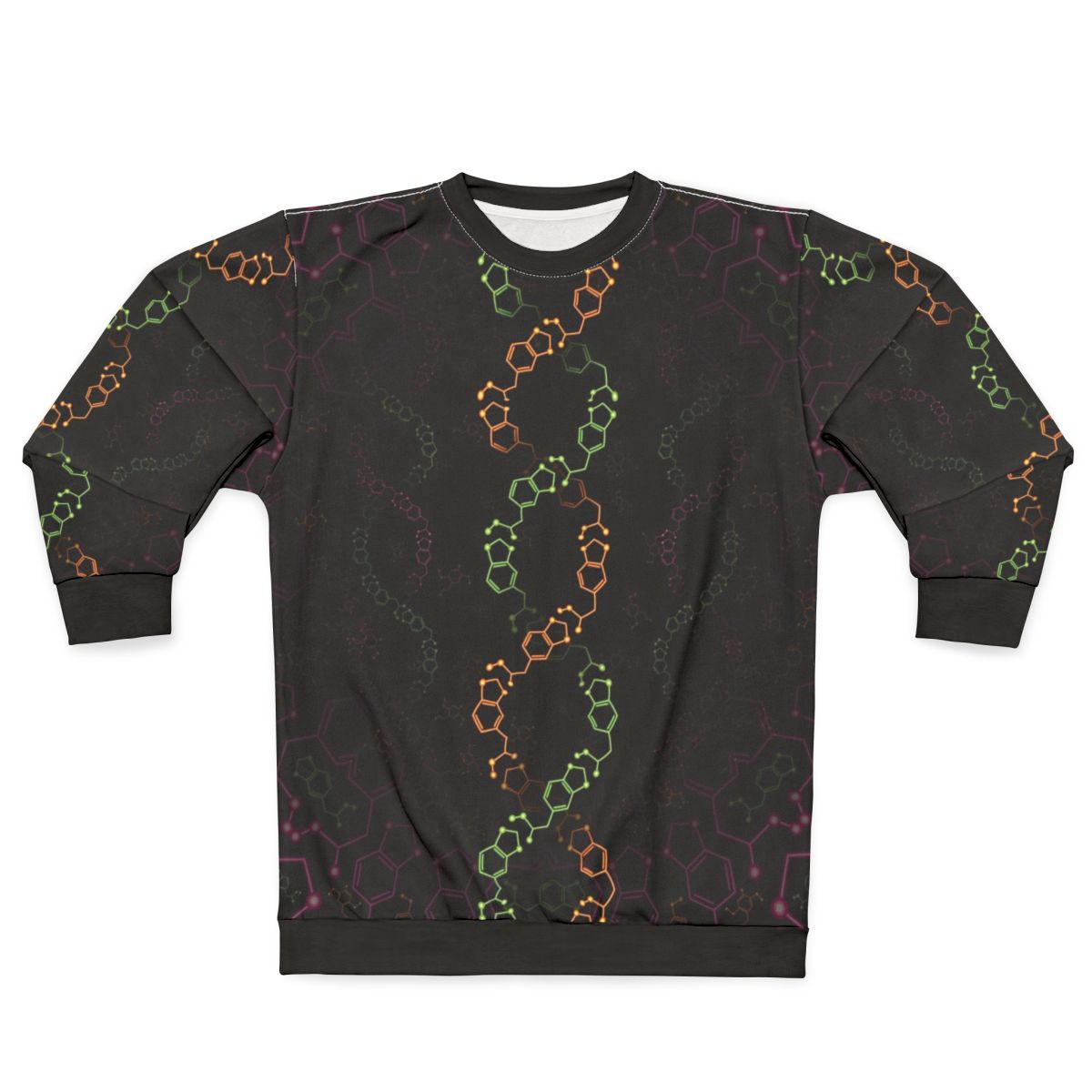 Psychedelic sweatshirt with molecular design and chemist portrait