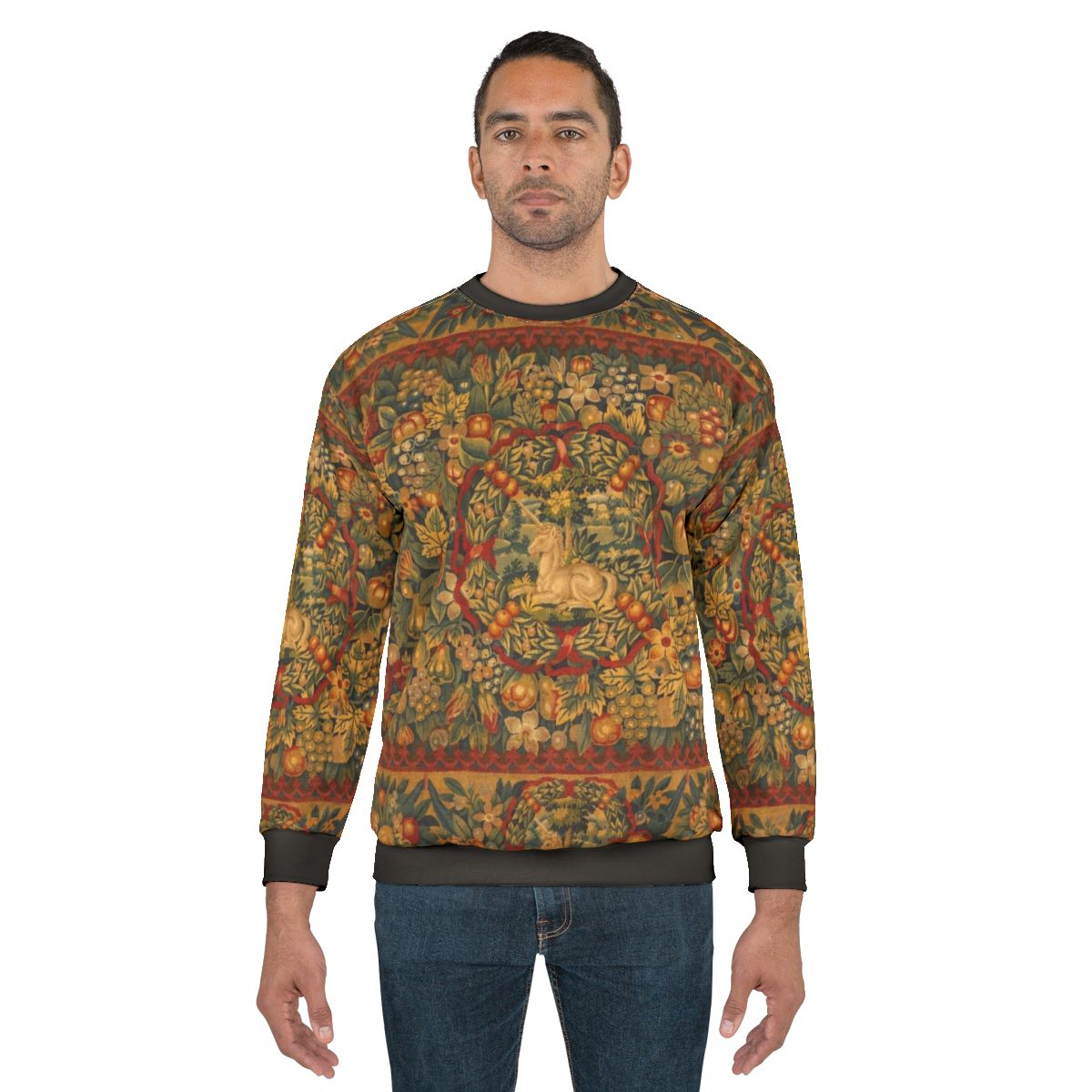 medieval unicorn floral tapestry sweatshirt