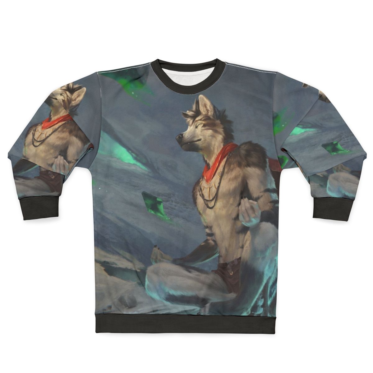 Meditation wolf fantasy sweatshirt with snow and lake