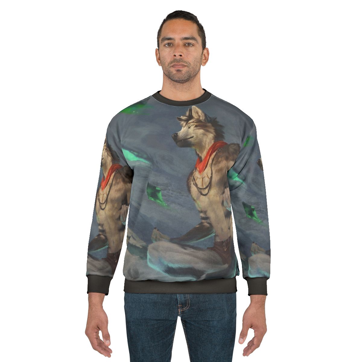 Meditation wolf fantasy sweatshirt with snow and lake