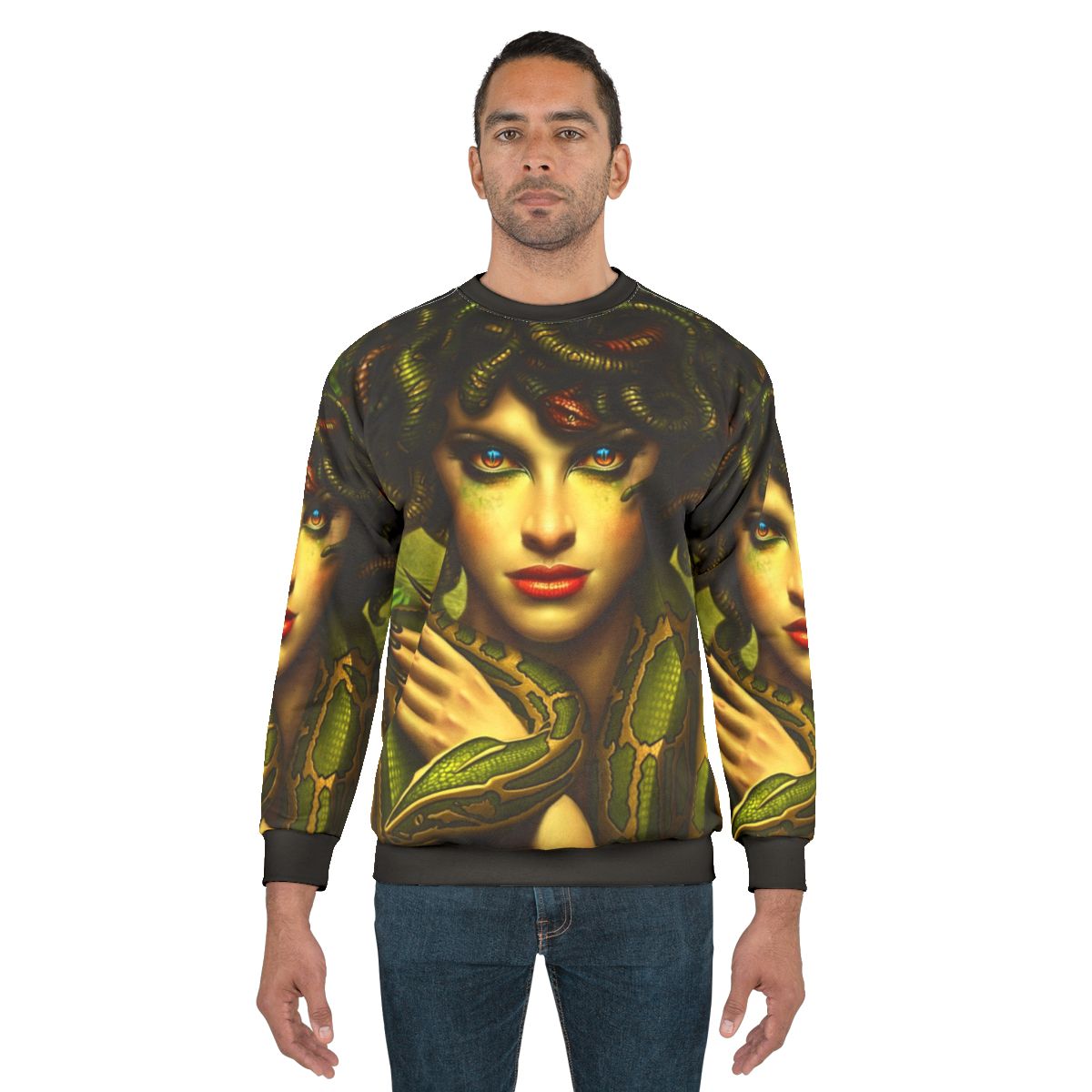 Medusa Sweatshirt featuring a portrait of the beautiful yet deadly Greek mythological creature