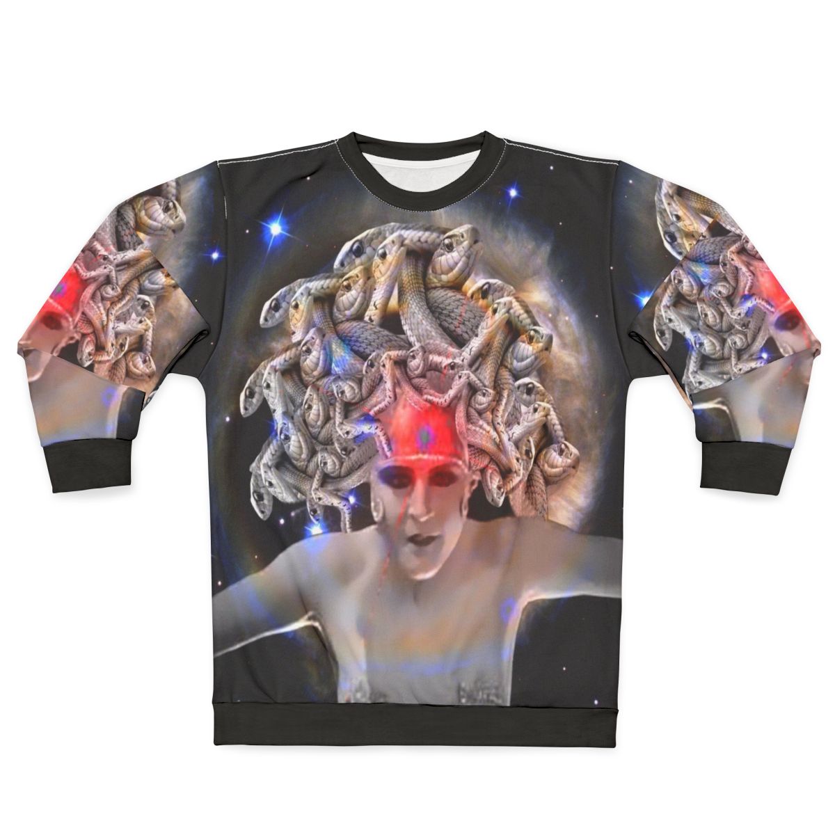 Medusa sweatshirt featuring a cosmic, celestial design with the mythological Greek goddess Medusa