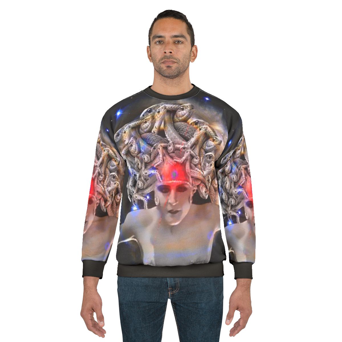 Medusa sweatshirt featuring a cosmic, celestial design with the mythological Greek goddess Medusa