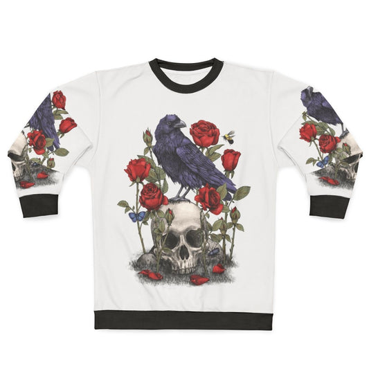 Memento Mori Sweatshirt with Raven, Skull, and Floral Graphic