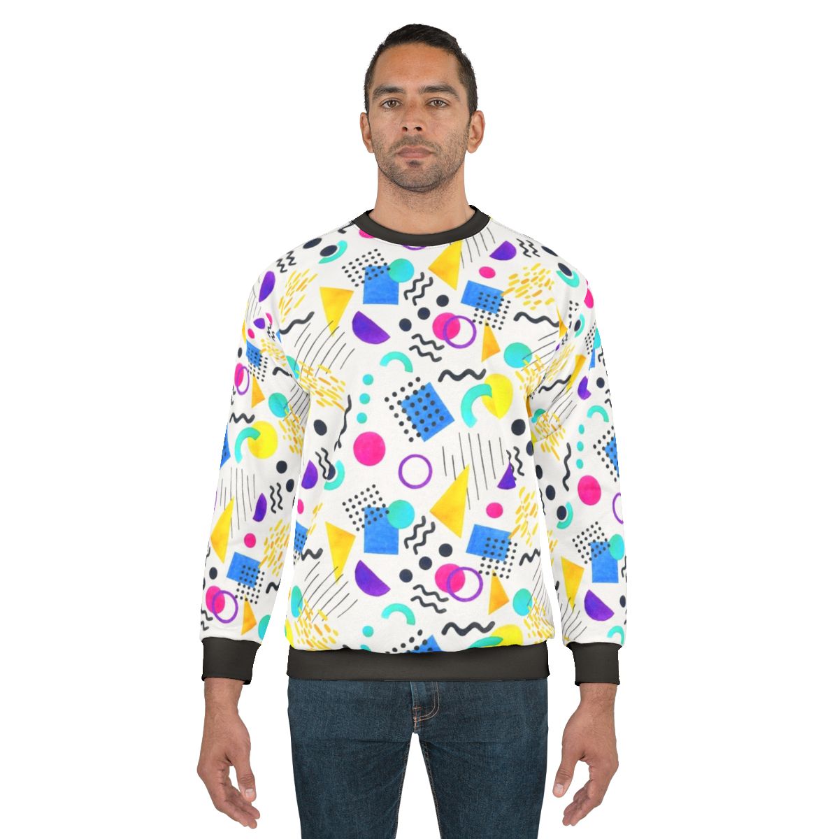 Vibrant Memphis style sweatshirt with retro 80s/90s geometric pattern