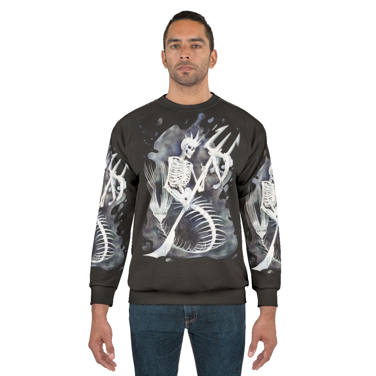 Mermaid skeleton design on a cozy black sweatshirt
