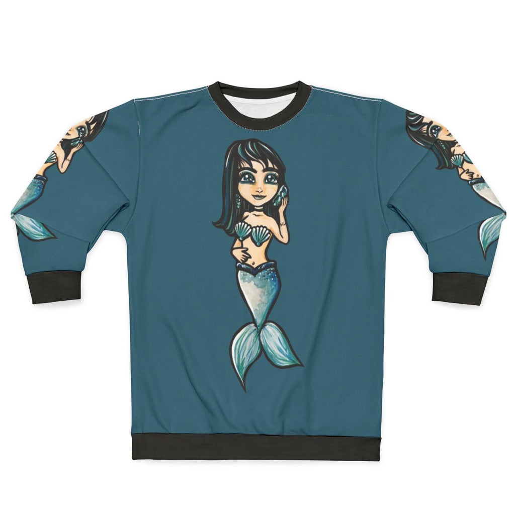 Mermaid sweatshirt with black hair and shell accessories