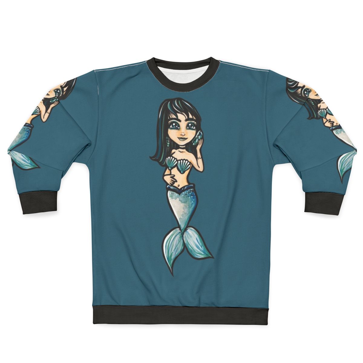Mermaid sweatshirt with black hair and shell accessories