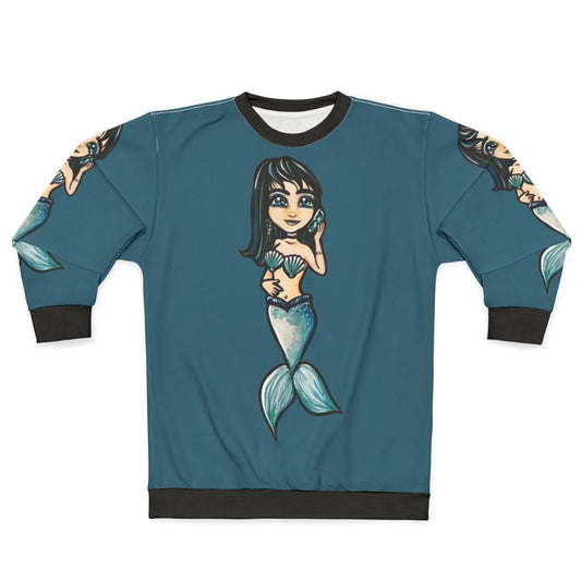 Mermaid sweatshirt with black hair and shell accessories