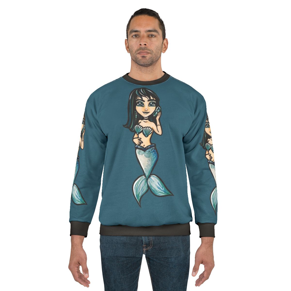 Mermaid sweatshirt with black hair and shell accessories
