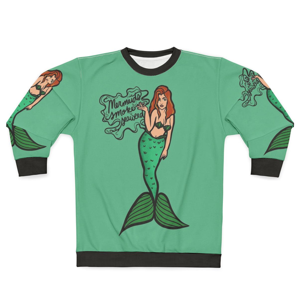Mermaid smoking seaweed print on a cozy sweatshirt