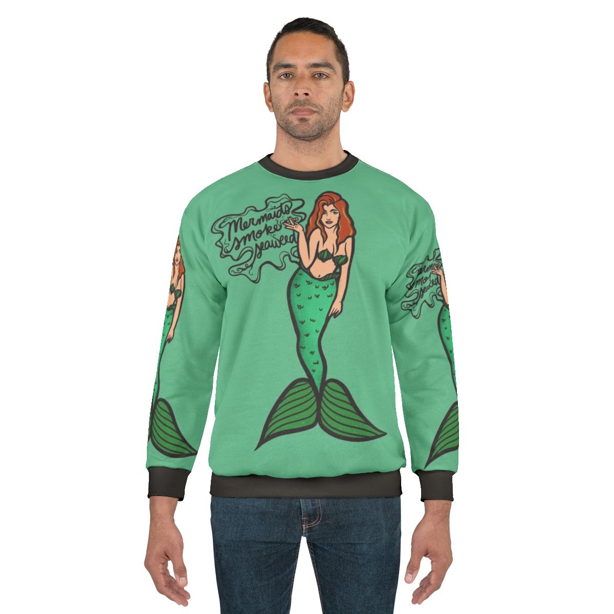 Mermaid smoking seaweed print on a cozy sweatshirt