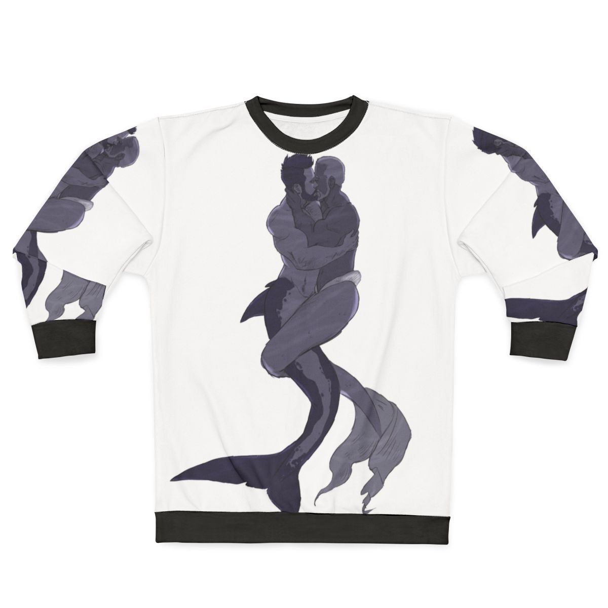 "Mermen in Love LGBTQ Sweatshirt featuring two muscular mermen embracing"