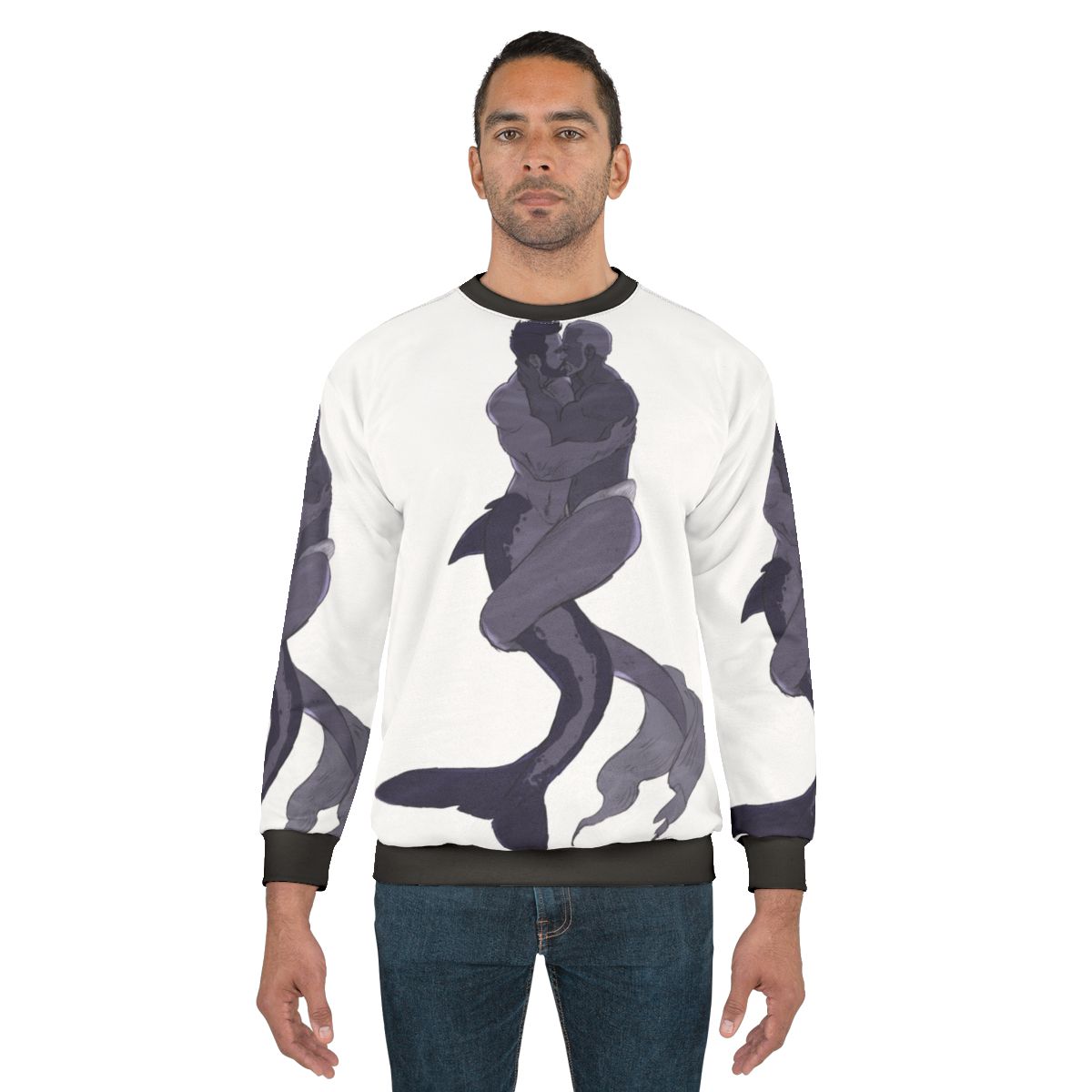 "Mermen in Love LGBTQ Sweatshirt featuring two muscular mermen embracing"