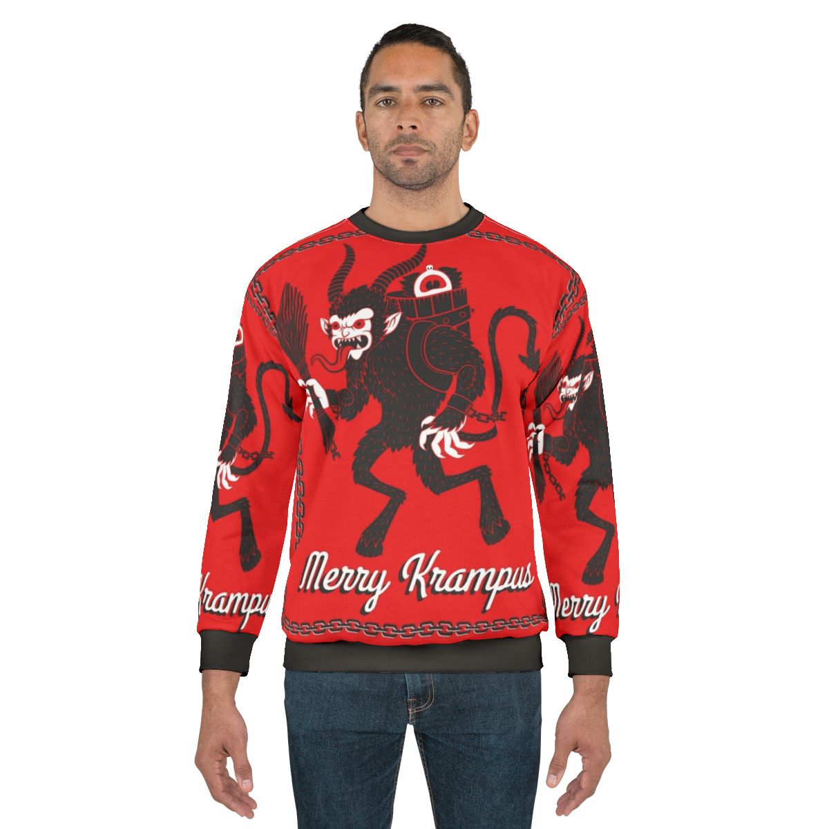 Merry Krampus Christmas Sweatshirt with Festive Devil and Goat Horns Design