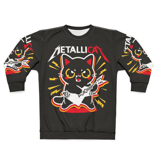 Metallicat metal sweatshirt with a cat pun design