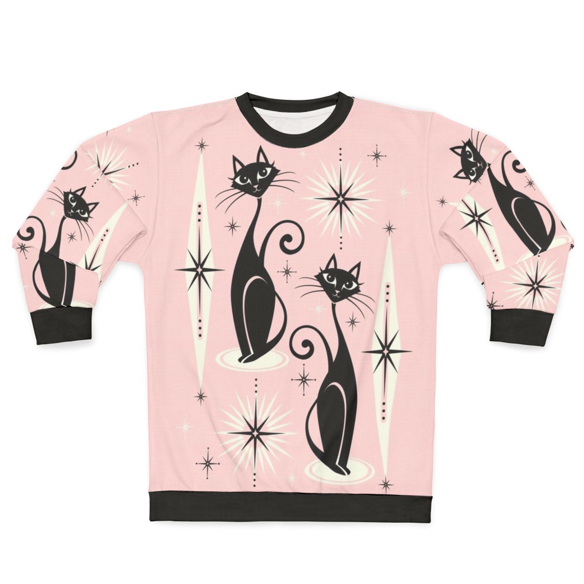 Retro mid century cat sweatshirt in warm pink with stars and diamonds