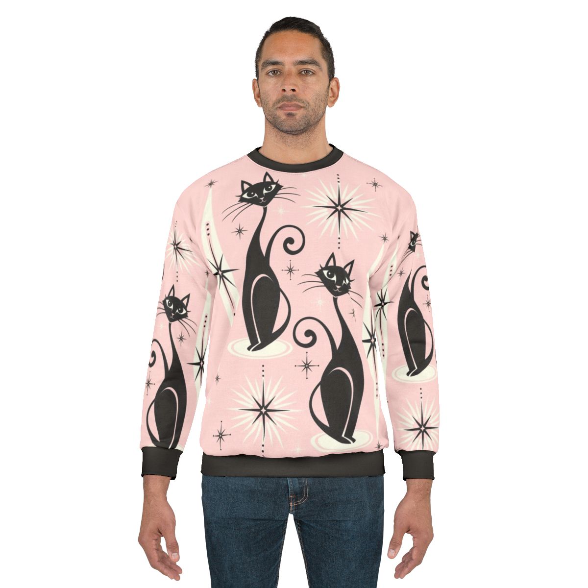 Retro mid century cat sweatshirt in warm pink with stars and diamonds
