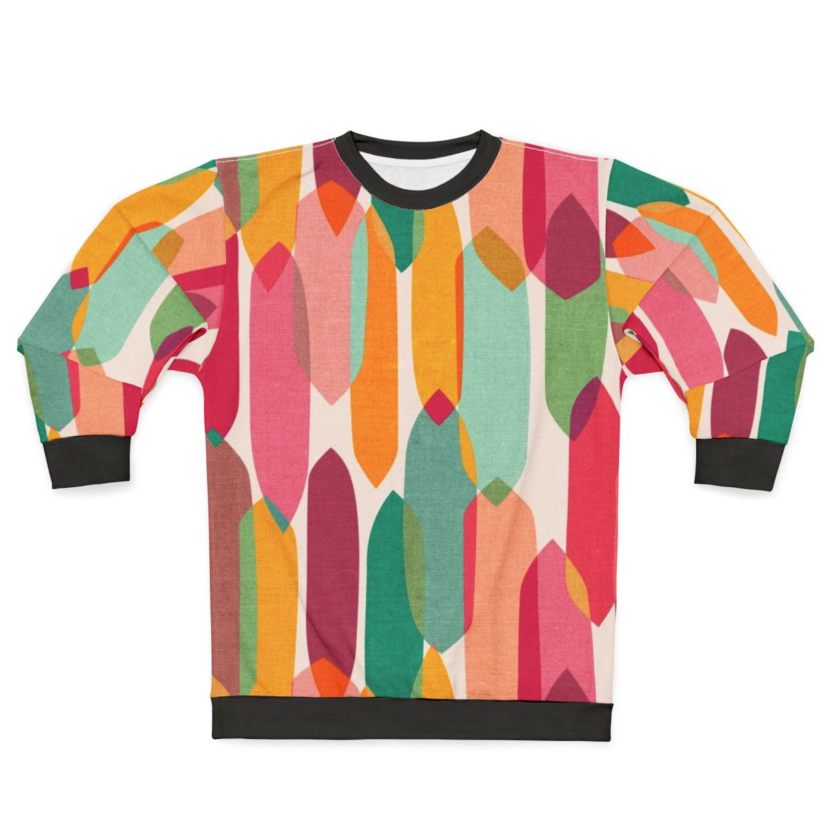 Colorful mid century modern style sweatshirt with abstract droplet motif