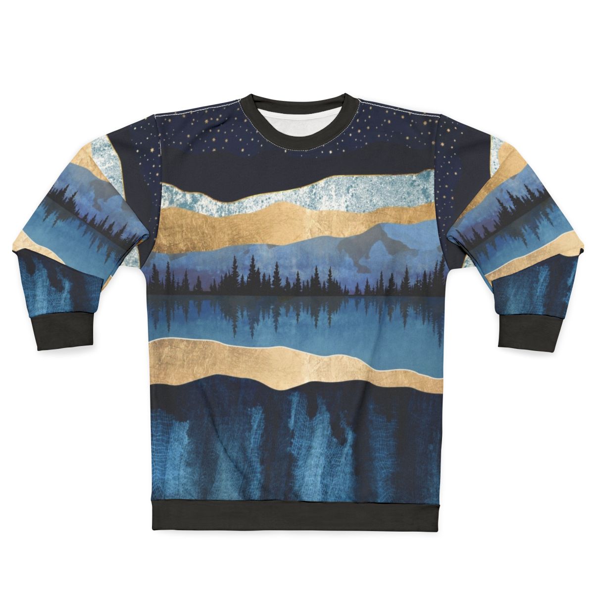 Midnight Lake Sweatshirt with nature landscape and celestial forest design