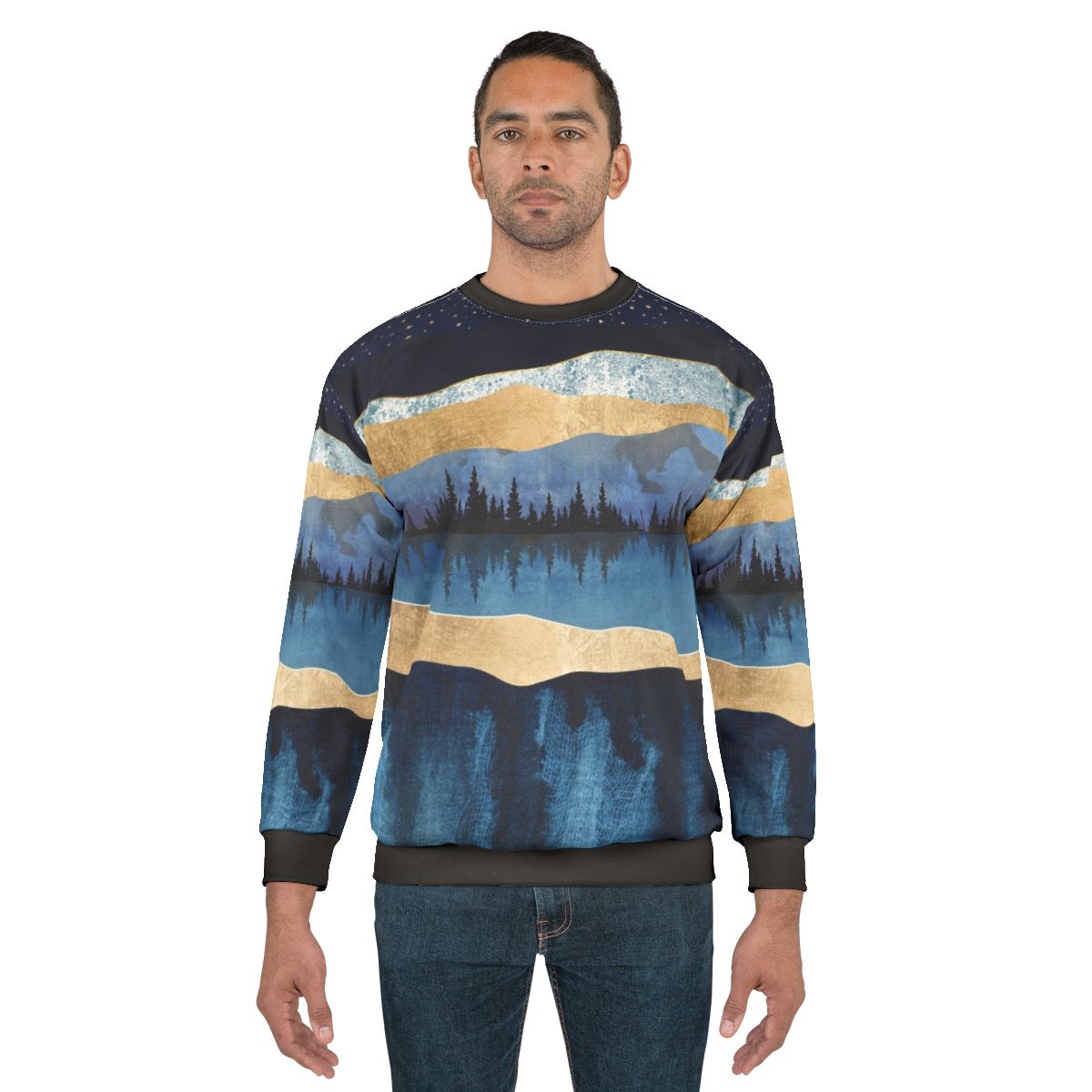 Midnight Lake Sweatshirt with nature landscape and celestial forest design