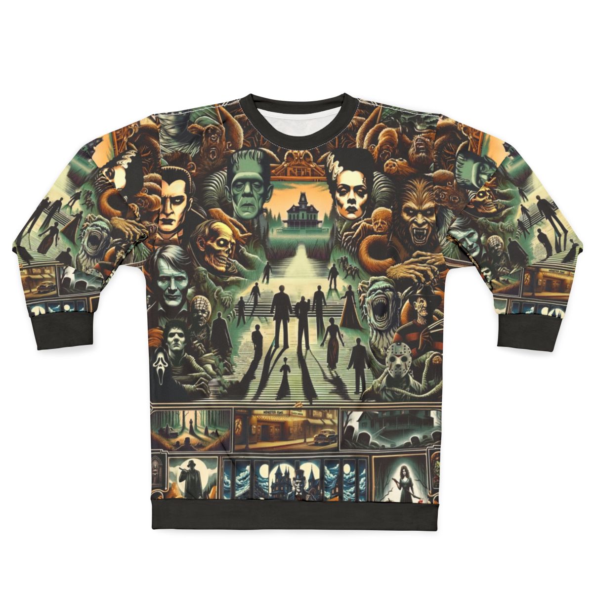 Midnight Macabre Horror Sweatshirt with Spooky Monsters