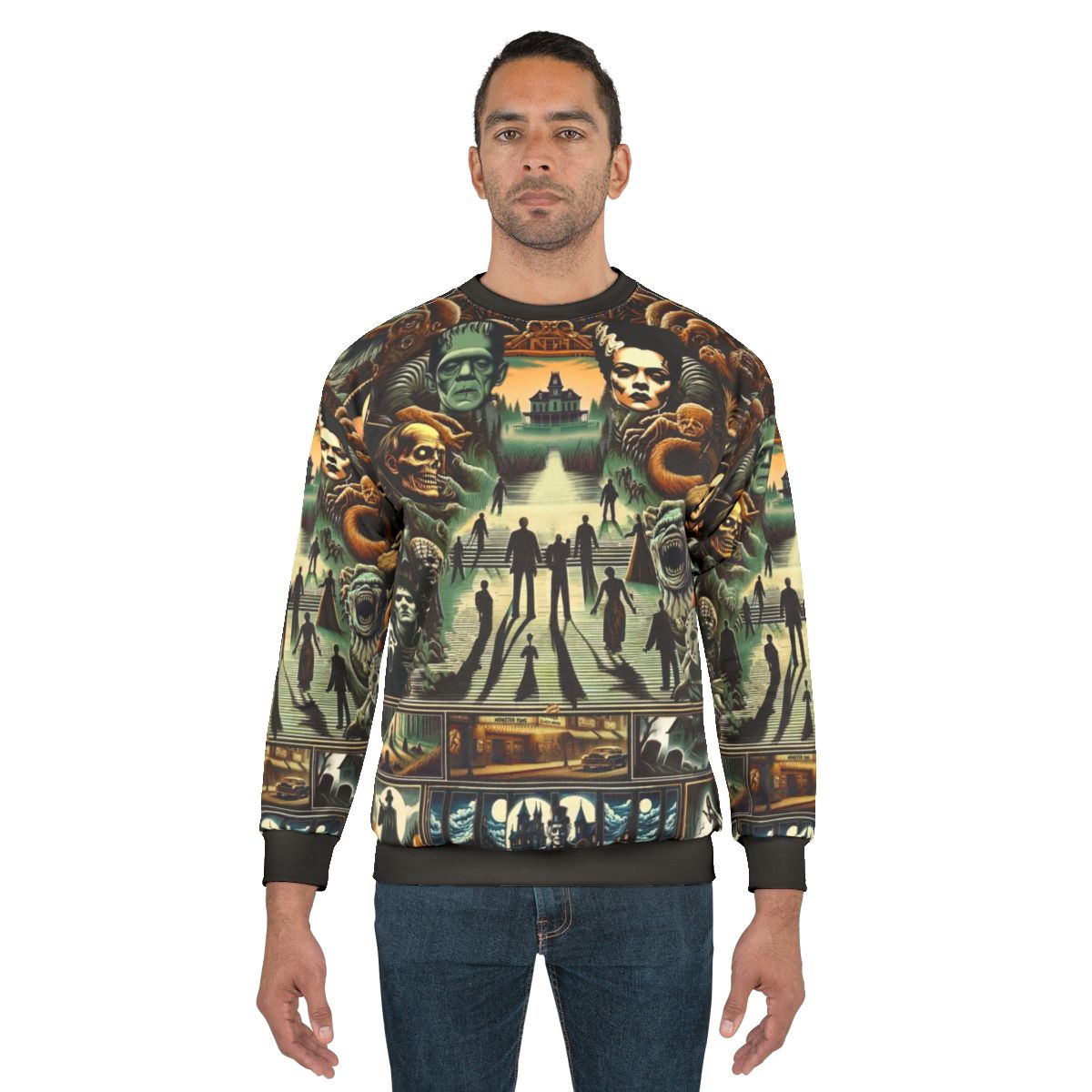 Midnight Macabre Horror Sweatshirt with Spooky Monsters