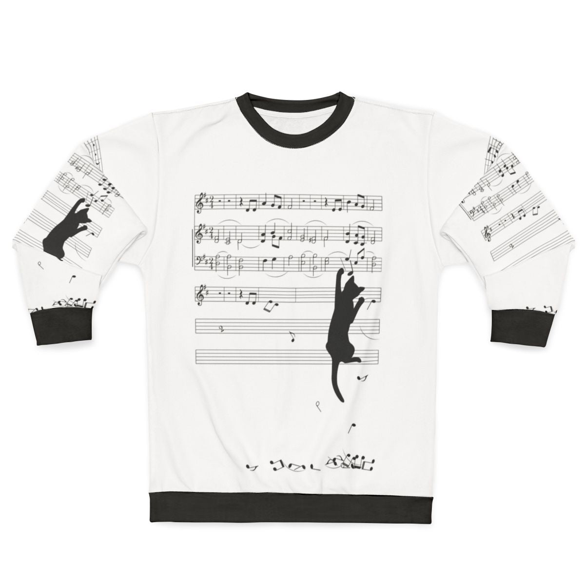 Mischievous sweatshirt with a cat playing music in a surreal composition