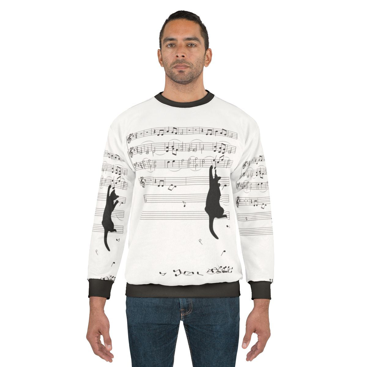 Mischievous sweatshirt with a cat playing music in a surreal composition