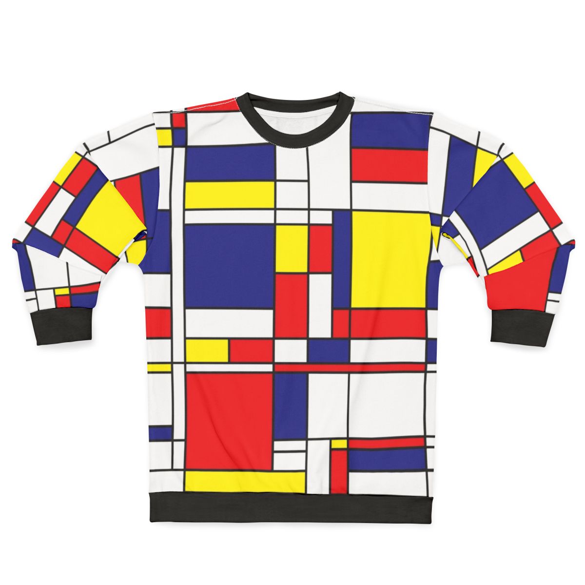 Mondrian-inspired abstract geometric sweatshirt with bold primary color blocks