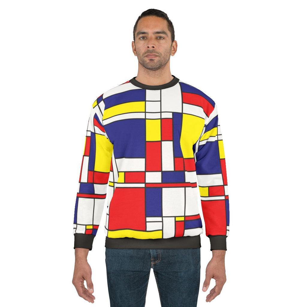 Mondrian-inspired abstract geometric sweatshirt with bold primary color blocks