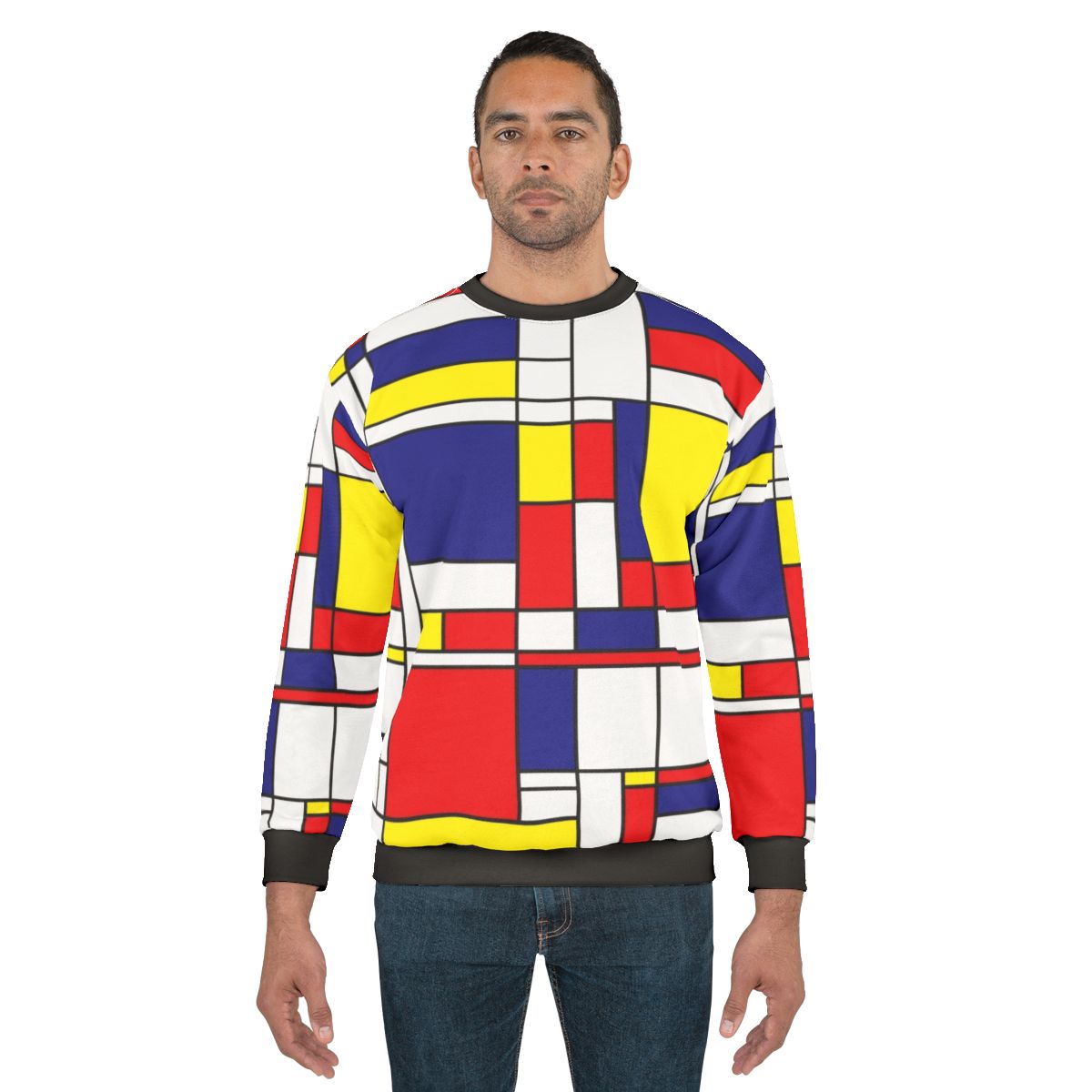Mondrian-inspired abstract geometric sweatshirt with bold primary color blocks