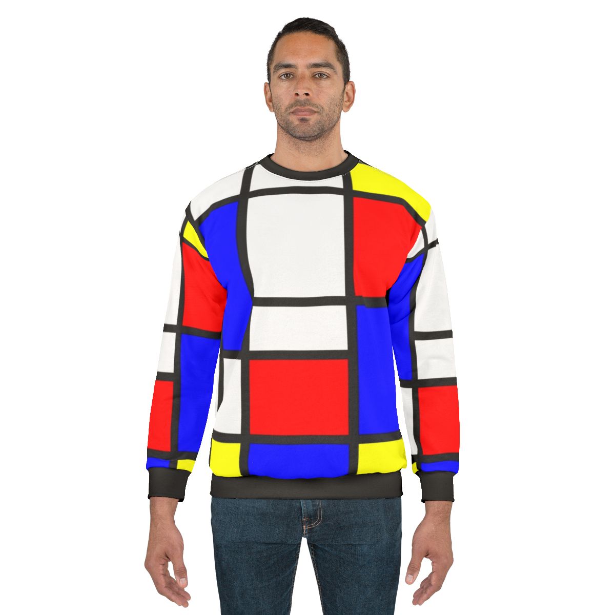 Mondrian-inspired sweatshirt with abstract, geometric color-block design
