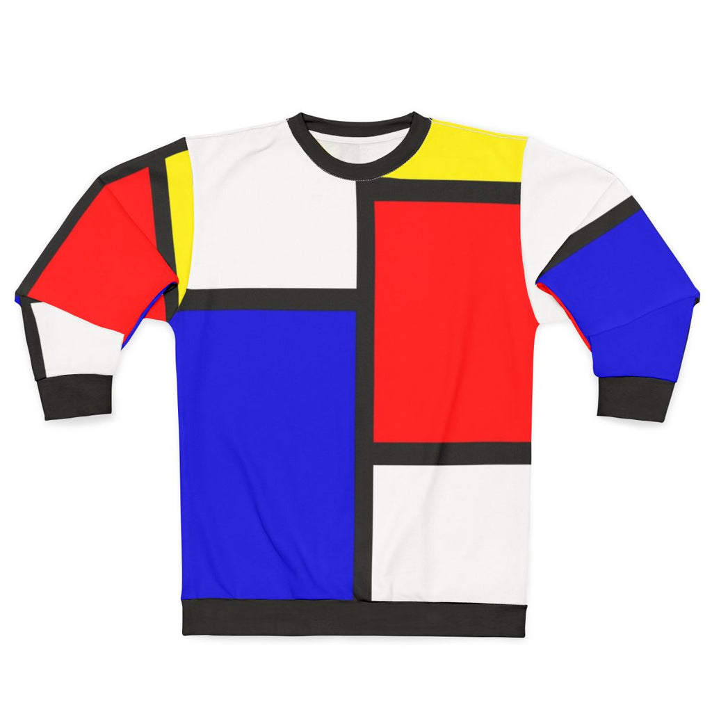 Mondrian inspired geometric sweatshirt with red, yellow, and blue colors